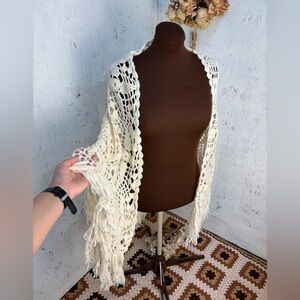Handmade Crotchet Cream Fringe Shawl OS